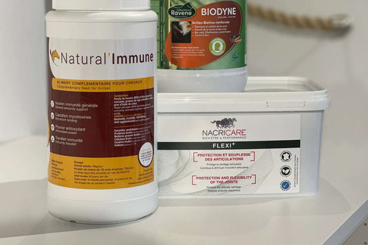 Compléments alimentaires pour chevaux – Natural’Immune pour l’immunité, Biodyne Ravene pour la corne et les sabots, Flexi+ Nacricare pour la souplesse des articulations